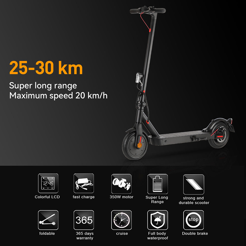Električný kolobežka E9 Pro, certifikácia ABE, 350W motor, 36V 7,5Ah batéria, 8,5-palcové koleso, maximálna rýchlosť 20 km/h, dojazd 30 km, dvojitý brzdový systém, ovládanie cez aplikáciu.