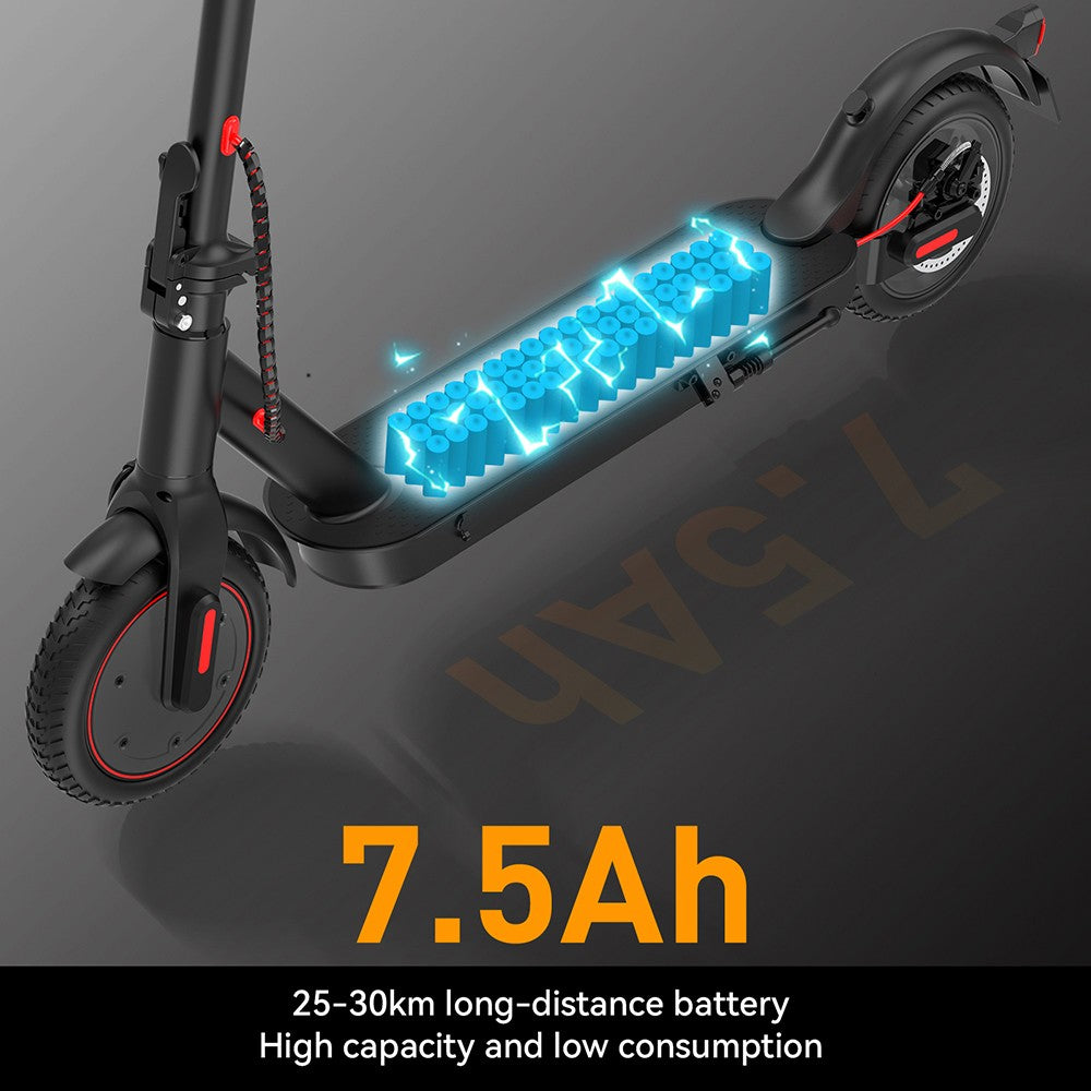 Električný kolobežka E9 Pro, certifikácia ABE, 350W motor, 36V 7,5Ah batéria, 8,5-palcové koleso, maximálna rýchlosť 20 km/h, dojazd 30 km, dvojitý brzdový systém, ovládanie cez aplikáciu.