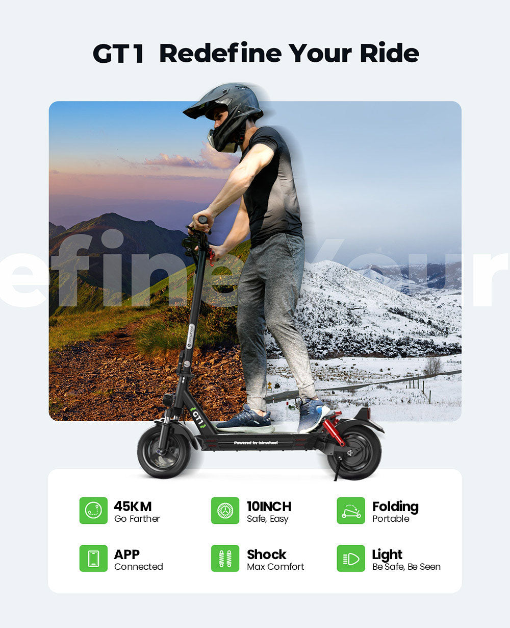 Elektromobilný skúter isinwheel GT1, 800W motor, 48V 10Ah batéria, 10-palcové terénne pneumatiky, maximálna rýchlosť 45 km/h, dojazd 45 km, kotúčové brzdy, predné a zadné odpruženie, maximálne zaťaženie 150 kg, ovládanie cez aplikáciu.
