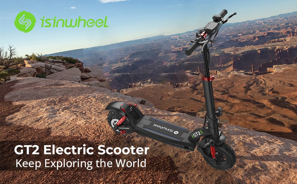 Elektromobilný skúter isinwheel GT2 do terénu, 800W motor, 48V 15Ah batéria, 11-palcové pneumatiky, maximálna rýchlosť 45 km/h, maximálny dojazd 45 km, kotúčové brzdy, štvorité tlmiče nárazov.