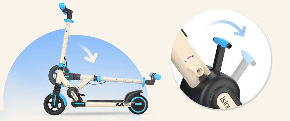 isinwheel S6 detský skladací elektrický skúter, 150W motor, 21,6V 5Ah batéria, 6,5-palcové pneumatiky, maximálna rýchlosť 15 km/h, dojazd 15 km, zadná kotúčová brzda a elektronická brzda, nastaviteľná výška - modrá