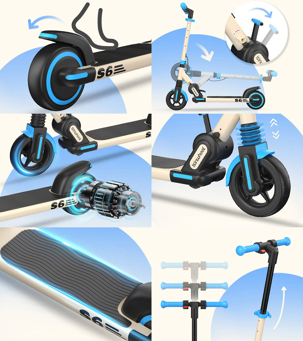 isinwheel S6 detský skladací elektrický skúter, 150W motor, 21,6V 5Ah batéria, 6,5-palcové pneumatiky, maximálna rýchlosť 15 km/h, dojazd 15 km, zadná kotúčová brzda a elektronická brzda, nastaviteľná výška - modrá