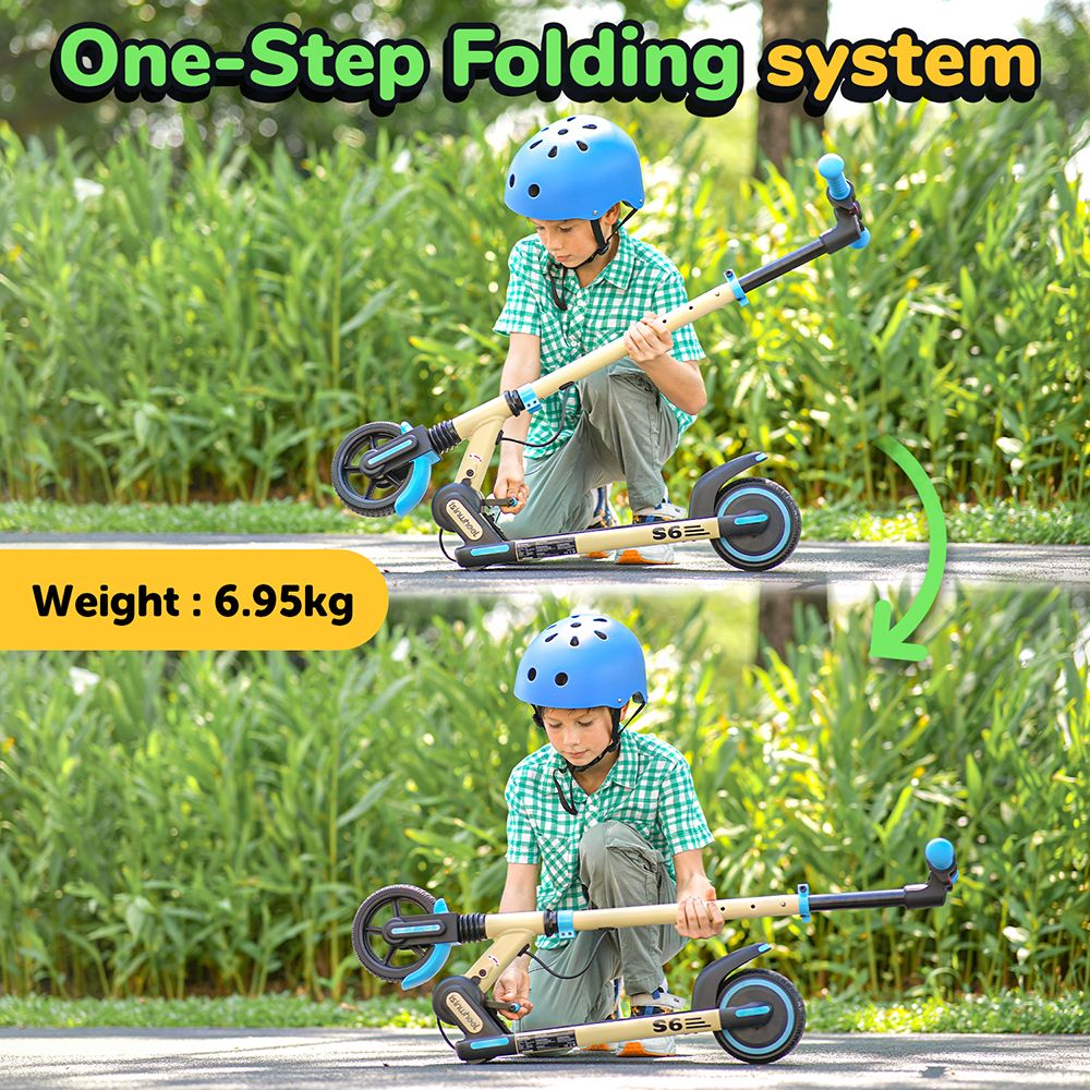 isinwheel S6 detský skladací elektrický skúter, 150W motor, 21,6V 5Ah batéria, 6,5-palcové pneumatiky, maximálna rýchlosť 15 km/h, dojazd 15 km, zadná kotúčová brzda a elektronická brzda, nastaviteľná výška - modrá