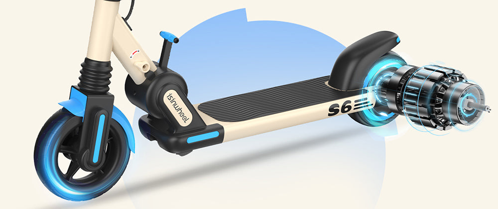 isinwheel S6 detský skladací elektrický skúter, 150W motor, 21,6V 5Ah batéria, 6,5-palcové pneumatiky, maximálna rýchlosť 15 km/h, dojazd 15 km, zadná kotúčová brzda a elektronická brzda, nastaviteľná výška - modrá