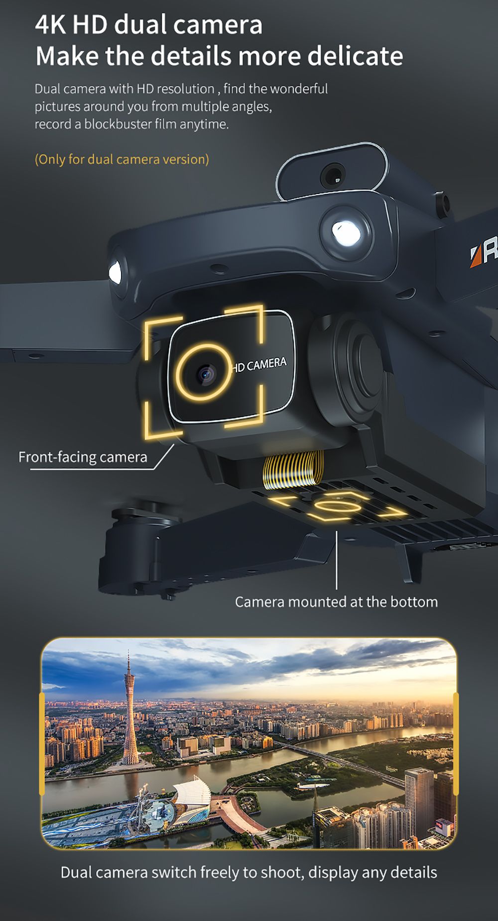 Skladací RC dron JJRC H106 s funkciou vyhýbania sa prekážkám zo všetkých strán, kvadrokoptéra s dvoma kamerami - oranžová