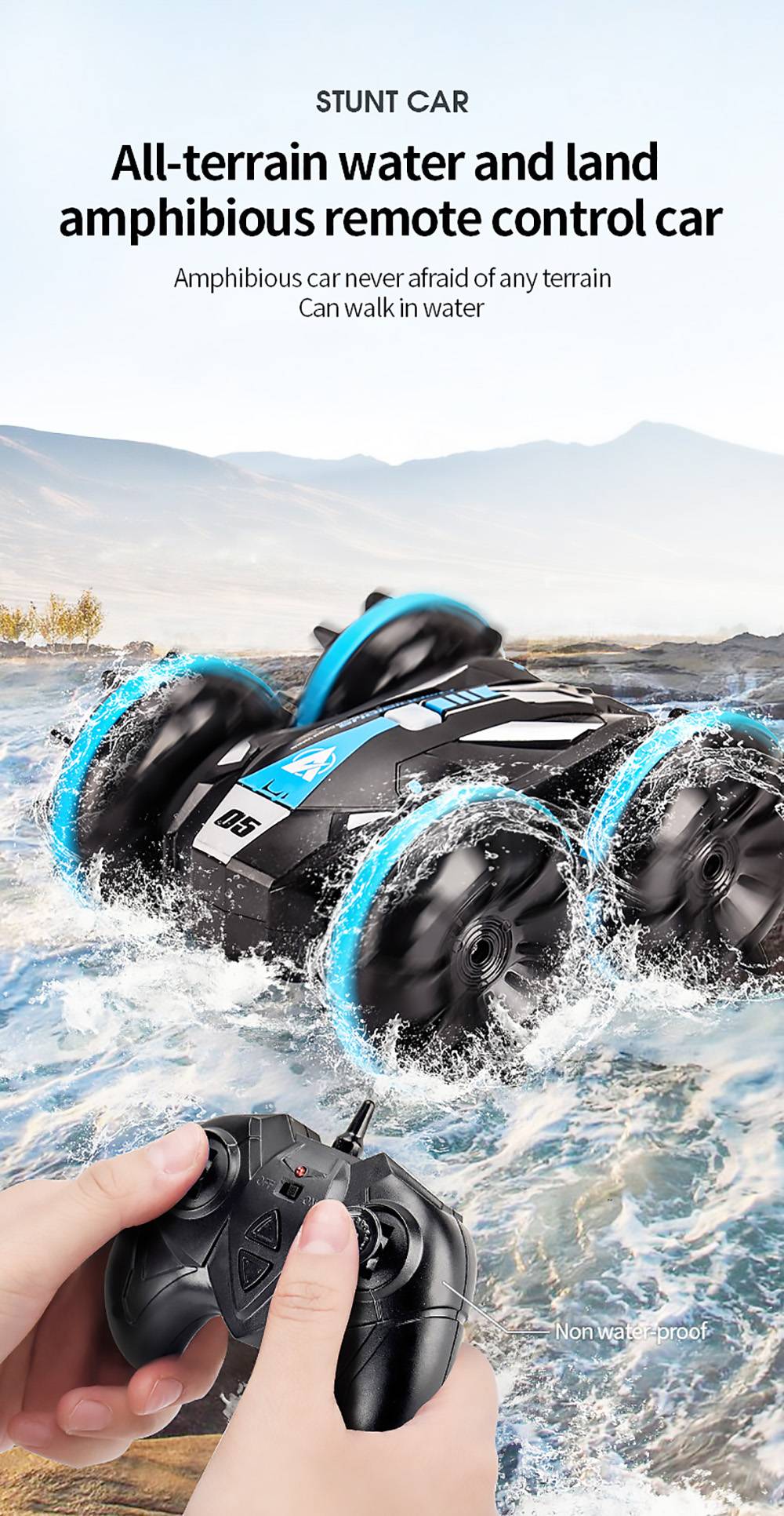 JJRC Q113 1:24 RC kaskadérské auto 4WD 360° rotácia 2v1 vodotesné vodné a pozemné vozidlo - oranžová