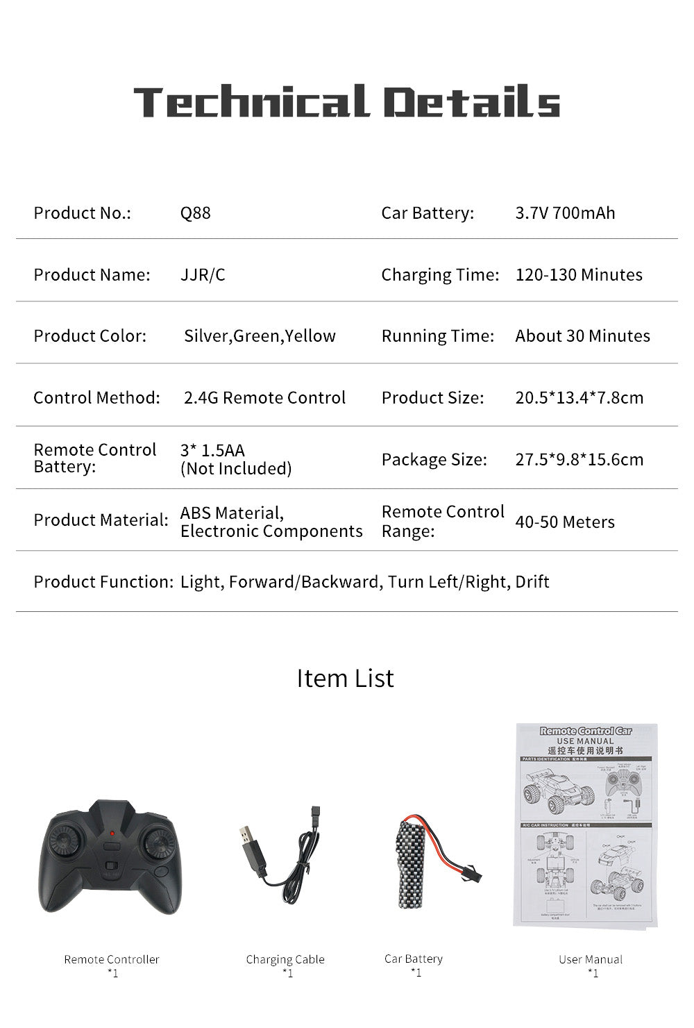 Diaľkovo ovládané auto JJRC Q88 2.4G, ovládanie na vzdialenosť 40-50 m, vysokorýchlostné terénne vozidlo, kaskadérské auto, hračka pre deti - strieborná