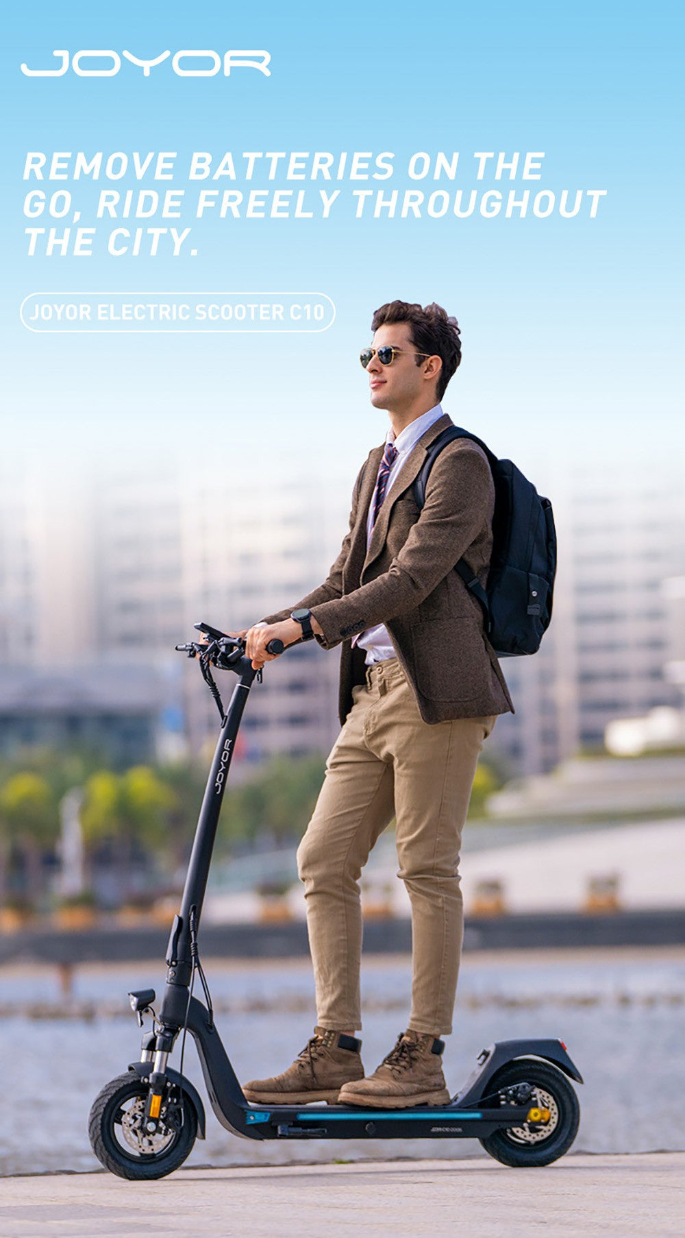 Elektromobilná kolobežka JOYOR C10, 500W motor, 48V 10.4Ah batéria, 10-palcové kolesá, maximálna rýchlosť 45 km/h, dojazd 30-50 km, maximálne zaťaženie 120 kg, predná a zadná kotúčová brzda.