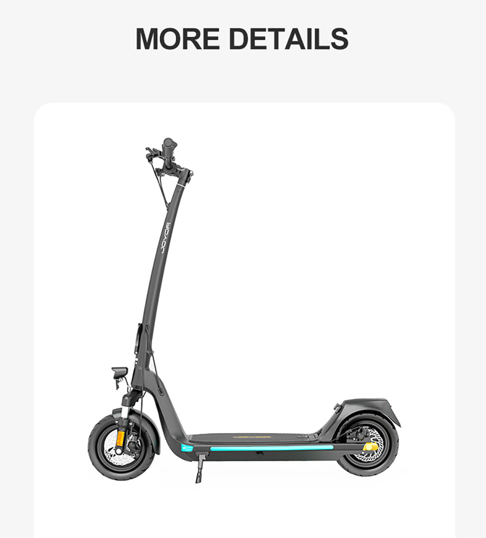 Elektromobilná kolobežka JOYOR C10, 500W motor, 48V 10.4Ah batéria, 10-palcové kolesá, maximálna rýchlosť 45 km/h, dojazd 30-50 km, maximálne zaťaženie 120 kg, predná a zadná kotúčová brzda.