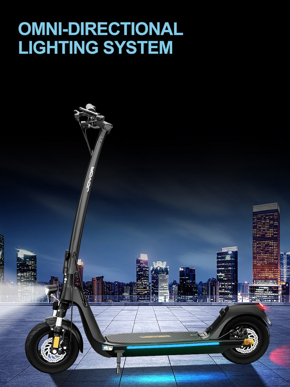 Elektromobilná kolobežka JOYOR C10, 500W motor, 48V 10.4Ah batéria, 10-palcové kolesá, maximálna rýchlosť 45 km/h, dojazd 30-50 km, maximálne zaťaženie 120 kg, predná a zadná kotúčová brzda.