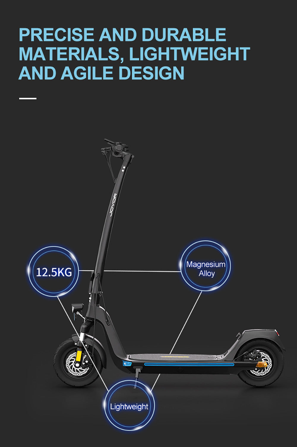 Elektromobilná kolobežka JOYOR C10, 500W motor, 48V 10.4Ah batéria, 10-palcové kolesá, maximálna rýchlosť 45 km/h, dojazd 30-50 km, maximálne zaťaženie 120 kg, predná a zadná kotúčová brzda.