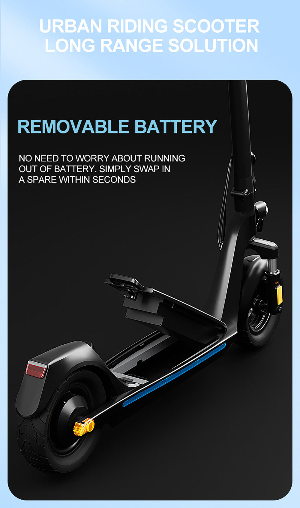 Elektromobilná kolobežka JOYOR C10, 500W motor, 48V 10.4Ah batéria, 10-palcové kolesá, maximálna rýchlosť 45 km/h, dojazd 30-50 km, maximálne zaťaženie 120 kg, predná a zadná kotúčová brzda.