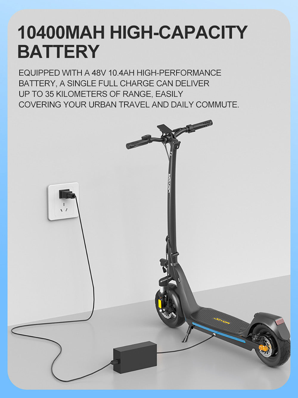 Elektromobilná kolobežka JOYOR C10, 500W motor, 48V 10.4Ah batéria, 10-palcové kolesá, maximálna rýchlosť 45 km/h, dojazd 30-50 km, maximálne zaťaženie 120 kg, predná a zadná kotúčová brzda.