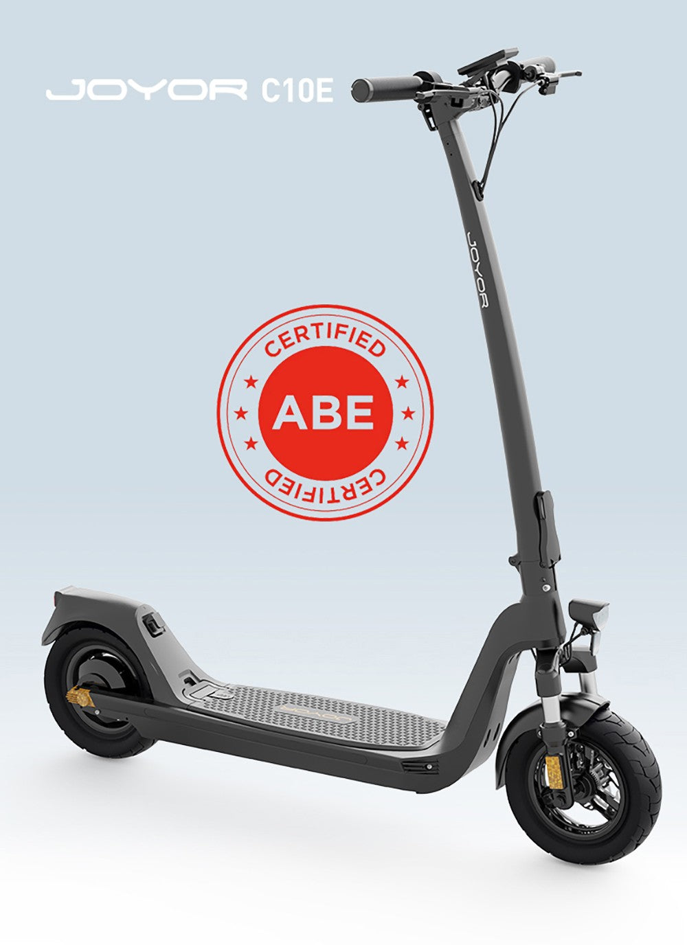 Elektromobilná kolobežka JOYOR C10E, certifikácia ABE, 500W motor, 48V 10.4AH batéria, 10-palcové pneumatiky, maximálna rýchlosť 20 km/h, dojazd 40 km, predná a zadná kotúčová brzda, predné tlmiče