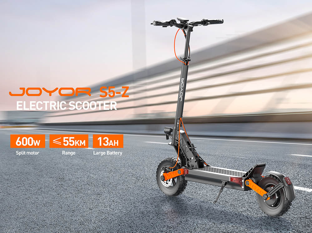 Elektromobilná kolobežka JOYOR S5-Z, 48V 13Ah batéria, 600W motor, 10*3.0 palcové pneumatiky, 25 km/h rýchlosť, 55 km dojazd, hliníkový rám, 6-svetelný systém, smerové svetlá, dvojité kotúčové brzdy - čierna