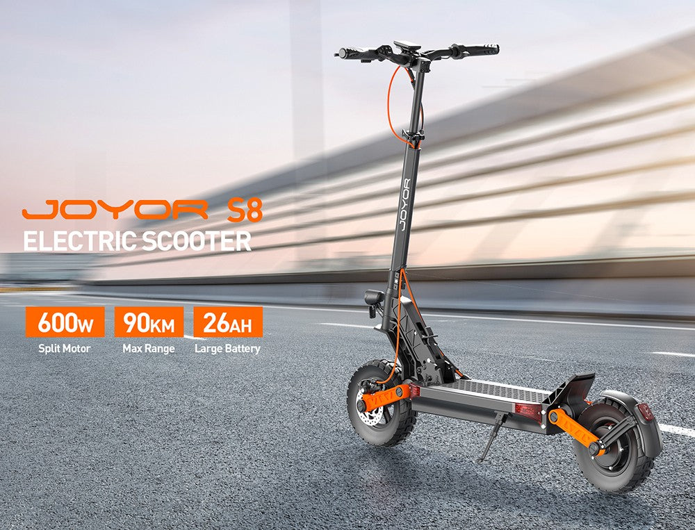 Elektromobilná kolobežka Joyor S8, 600W motor, 48V 26AH batéria, 10-palcové pneumatiky, maximálna rýchlosť 25 km/h, dojazd 90 km, dvojité mechanické kotúčové brzdy.
