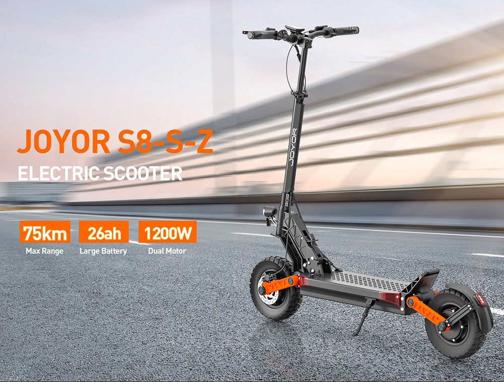Elektrická kolobežka Joyor S8-S-Z s blikačmi, motorom 600W*2, batériou 48V 26Ah, 10-palcovými kolesami, maximálnou rýchlosťou 55 km/h, dojazdom 75 km, dvojitými hydraulickými brzdami, predným a zadným tlmičom, 6-svetelným systémom.