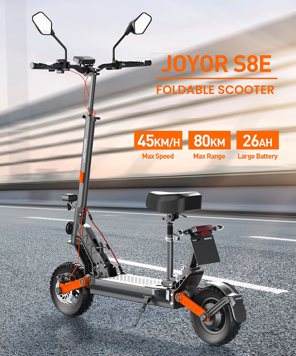 Elektromobilná kolobežka JOYOR S8E, 800W motor, 48V 26AH batéria, 10-palcové pneumatiky, maximálna rýchlosť 45 km/h, dojazd 80 km, predná a zadná kotúčová brzda, predné a zadné tlmiče.