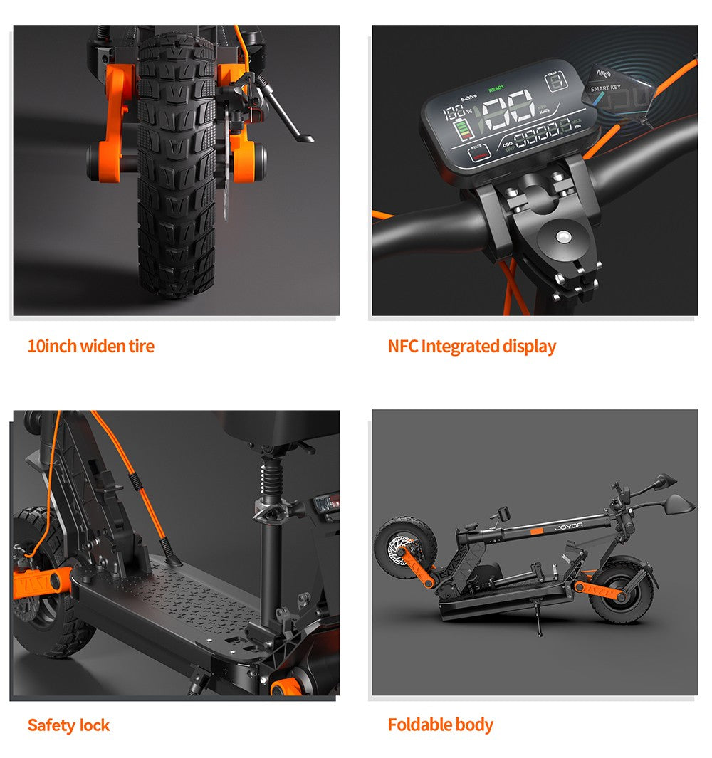 Elektromobilná kolobežka JOYOR S8E, 800W motor, 48V 26AH batéria, 10-palcové pneumatiky, maximálna rýchlosť 45 km/h, dojazd 80 km, predná a zadná kotúčová brzda, predné a zadné tlmiče.