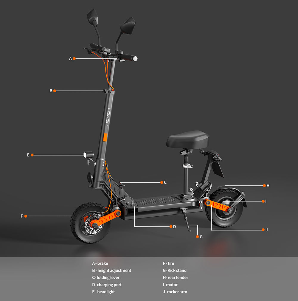 Elektromobilná kolobežka JOYOR S8E, 800W motor, 48V 26AH batéria, 10-palcové pneumatiky, maximálna rýchlosť 45 km/h, dojazd 80 km, predná a zadná kotúčová brzda, predné a zadné tlmiče.