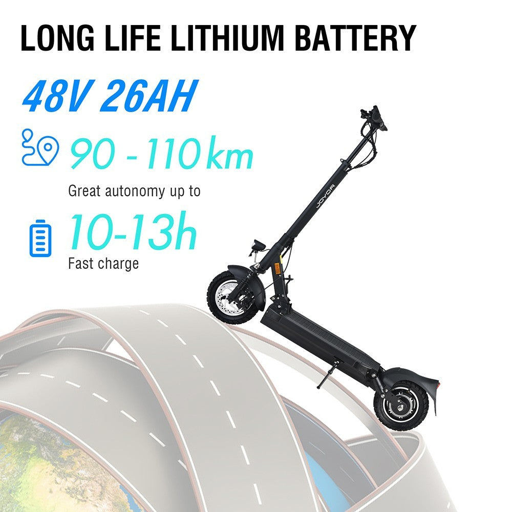 Elektromobilná kolobežka JOYOR Y8-S, 10-palcové kolesá, 48V 26Ah batéria, 500W motor, maximálna rýchlosť 40 km/h, nosnosť 120 kg, dojazd až 82 km.