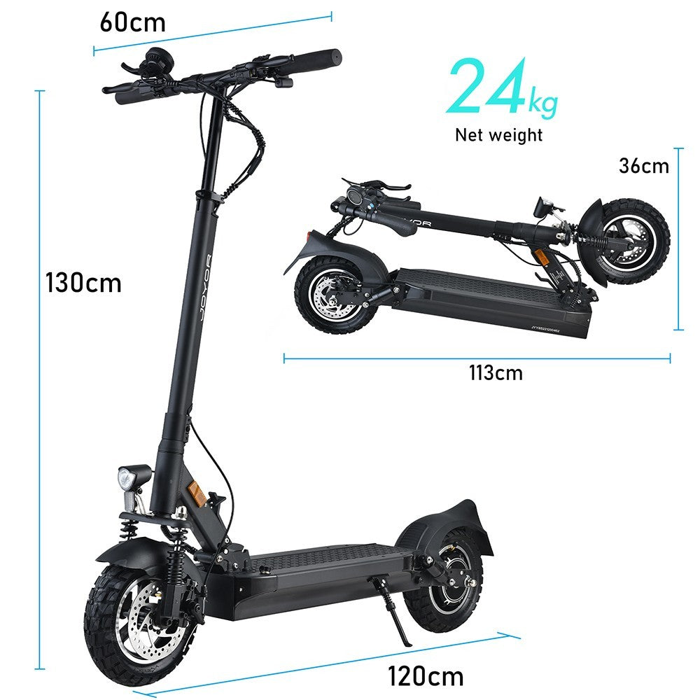 Elektromobilná kolobežka JOYOR Y8-S, 10-palcové kolesá, 48V 26Ah batéria, 500W motor, maximálna rýchlosť 40 km/h, nosnosť 120 kg, dojazd až 82 km.