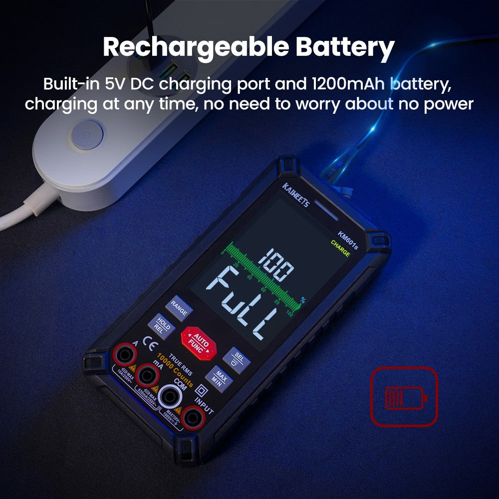 Digitálny multimeter KAIWEETS KM601S, 10000 meraní, True-RMS, inteligentný režim, manuálny režim, dobíjacia batéria, svietilna, automatické uzamknutie – čierna