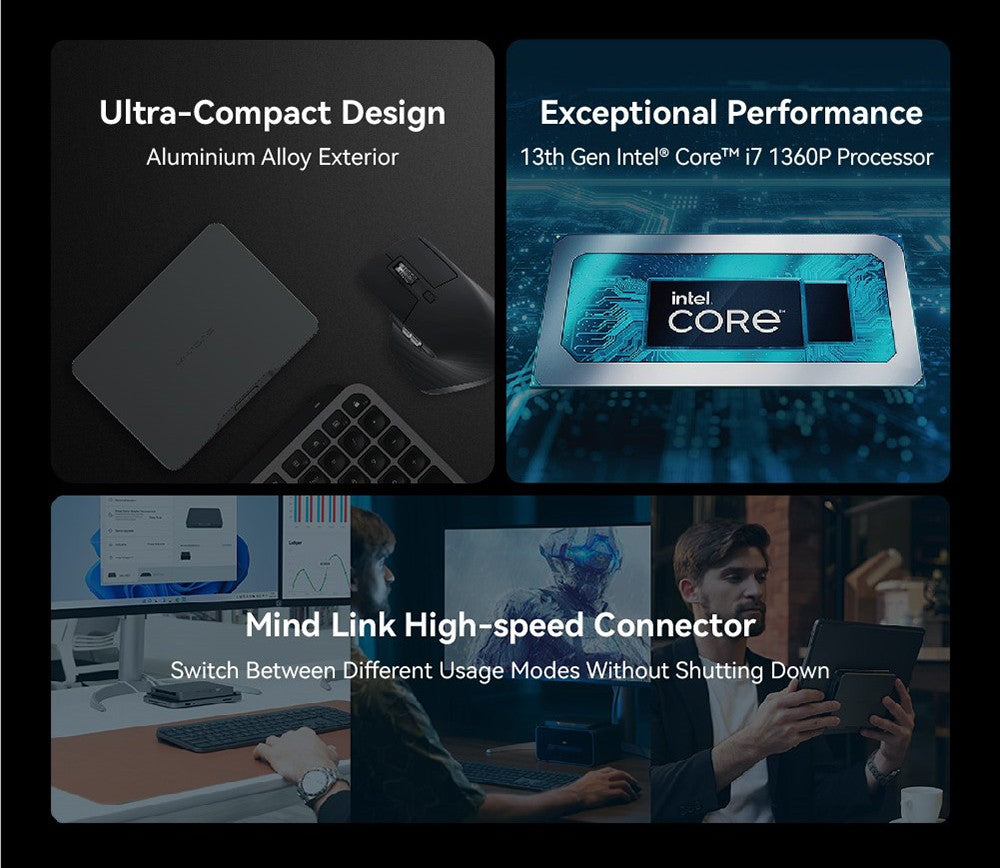 Prenosná pracovná stanica KHADAS Mind Premium Mini PC, Intel Core i7-1360P s 12 jadierami až do 5,0 GHz, 32 GB RAM, 1 TB SSD, WiFi 6E, Bluetooth 5.2, integrovaná batéria 5,55 Wh, 2× USB Type-C, 1× HDMI 2.0, 2× USB 3.2, aplikácia Mind – EU zástrčka