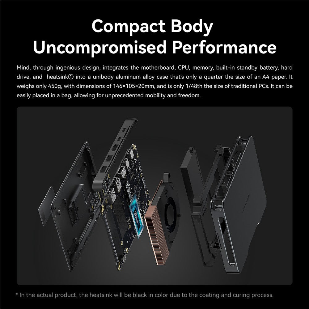 Prenosná pracovná stanica KHADAS Mind Premium Mini PC, Intel Core i7-1360P s 12 jadierami až do 5,0 GHz, 32 GB RAM, 1 TB SSD, WiFi 6E, Bluetooth 5.2, integrovaná batéria 5,55 Wh, 2× USB Type-C, 1× HDMI 2.0, 2× USB 3.2, aplikácia Mind – EU zástrčka