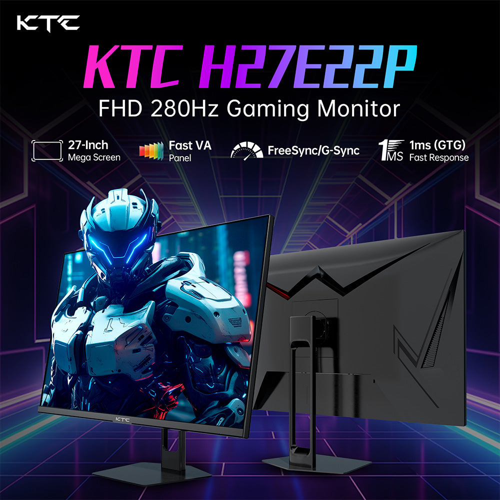 Herný monitor KTC H27E22P, 27 palcov, 1920*1080 FHD, FAST VA panel, kontrastný pomer 4000:1, vysoká obnovovacia frekvencia 280 Hz, doba odezvy 1 ms GTG, FreeSync & G-Sync, HDR10, nízke modré svetlo a bez blikania, 2*HDMI 2.0, 1*DP 1.4, 1*USB 2.0, 1*slúchadlový výstup