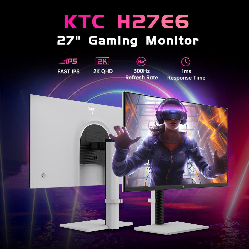 KTC H27E6 27-palcový herný monitor, 2560*1440 QHD Fast IPS displej, obnovovacia frekvencia 300 Hz, HDR 400, doba odezvy 1 ms, FreeSync & G-Sync, 144 % sRGB, možnosť upevnenia na VESA, 2*HDMI 2.1, 2*DP 1.4, 1*USB 2.0, 1*slúchadlový výstup