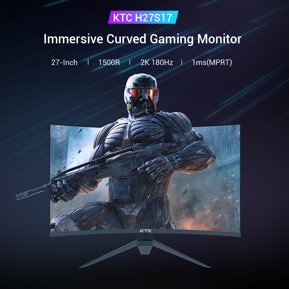 KTC H27S17 27-inch 1500R Curved Gaming Monitor QHD 2560x1440 16:9 ELED 180Hz 120% sRGB 4000:1 Contrast Ratio 1ms MPRT Response Time Low Motion Blur Compatible with FreeSync G-Sync USB 2xHDMI2.0 2xDP1.4 Audio Out VESA Mount