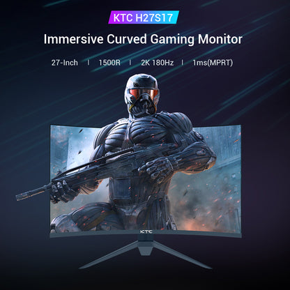 KTC H27S17 27-inch 1500R Curved Gaming Monitor QHD 2560x1440 16:9 ELED 180Hz 120% sRGB 4000:1 Contrast Ratio 1ms MPRT Response Time Low Motion Blur Compatible with FreeSync G-Sync USB 2xHDMI2.0 2xDP1.4 Audio Out VESA Mount