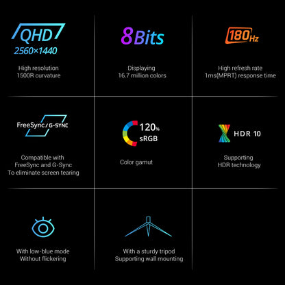 KTC H27S17 27-inch 1500R Curved Gaming Monitor QHD 2560x1440 16:9 ELED 180Hz 120% sRGB 4000:1 Contrast Ratio 1ms MPRT Response Time Low Motion Blur Compatible with FreeSync G-Sync USB 2xHDMI2.0 2xDP1.4 Audio Out VESA Mount