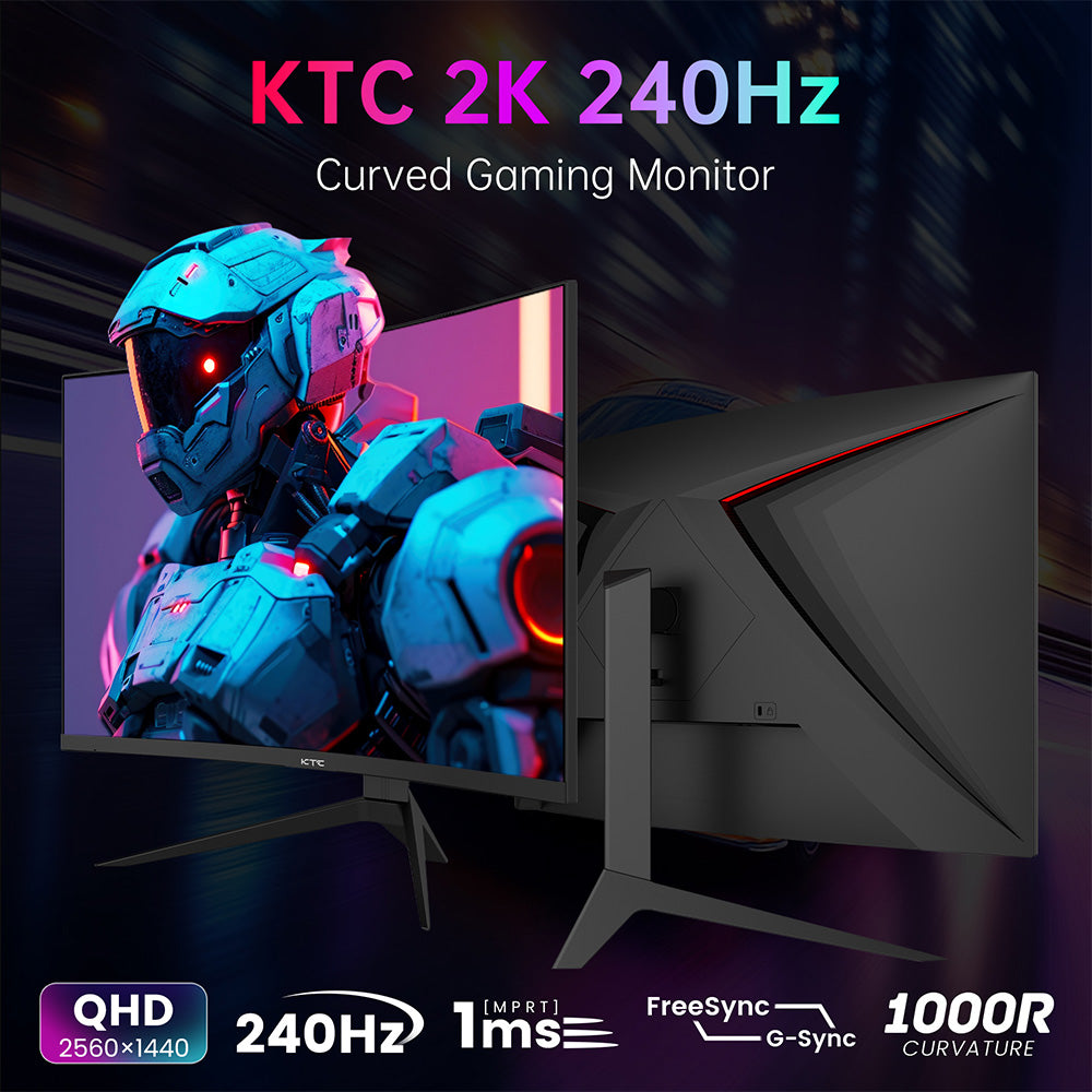 Herný monitor KTC H27S25E, 27 palcový 2560*1440 QHD CSOT HVA displej, 1000R zakrivenie, obnovovacia frekvencia 240 Hz, doba odezvy 1 ms MPRT, adaptívna synchronizácia, kontrastný pomer 2500:1, VESA uchytenie, nízke modré svetlo a bez blikania, 2*HDMI 2.0, 1*DP1.2, 1*slúchadlový výstup