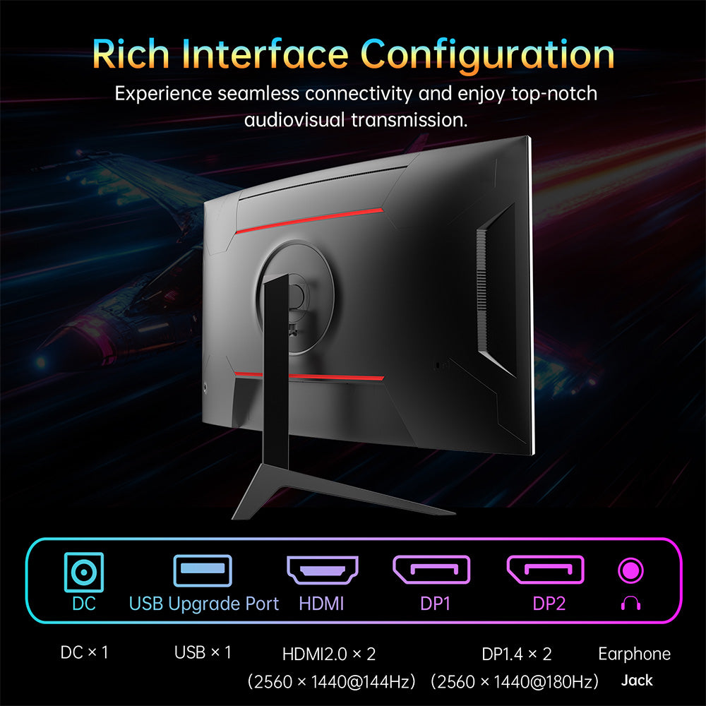 KTC H32S17 32-palcový 1500R zakrivený herný monitor 2560x1440 QHD 180Hz 16:9 ELED 99% sRGB HDR10 1ms MPRT doba odezvy, nízko-modré svetlo, kompatibilný s FreeSync a G-SYNC, USB, HDMI2.0, 2xDP1.4, audio výstup, flexibilné nastavenie s robustným statívom, VESA uchytenie, displej.