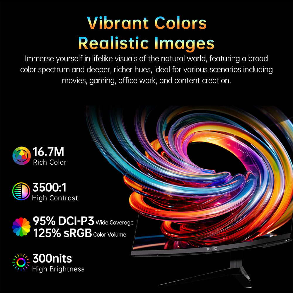 KTC H32S17 32-palcový 1500R zakrivený herný monitor 2560x1440 QHD 180Hz 16:9 ELED 99% sRGB HDR10 1ms MPRT doba odezvy, nízko-modré svetlo, kompatibilný s FreeSync a G-SYNC, USB, HDMI2.0, 2xDP1.4, audio výstup, flexibilné nastavenie s robustným statívom, VESA uchytenie, displej.