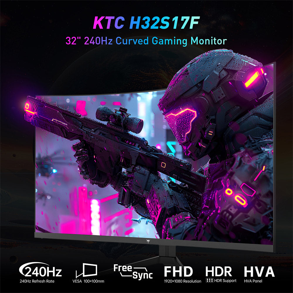 KTC H32S17F 32'' zakrivený herný monitor, 1920*1080 HVA panel, obnovovací frekvencia 240 Hz, 125 % sRGB, kontrastný pomer 3500:1, adaptívna synchronizácia, HDR10, doba odezvy 3 ms, 2*HDMI2.0 1*DP1.4 1*USB2.0 1*Audio, VESA montáž, nastaviteľný sklon, nízke modré svetlo