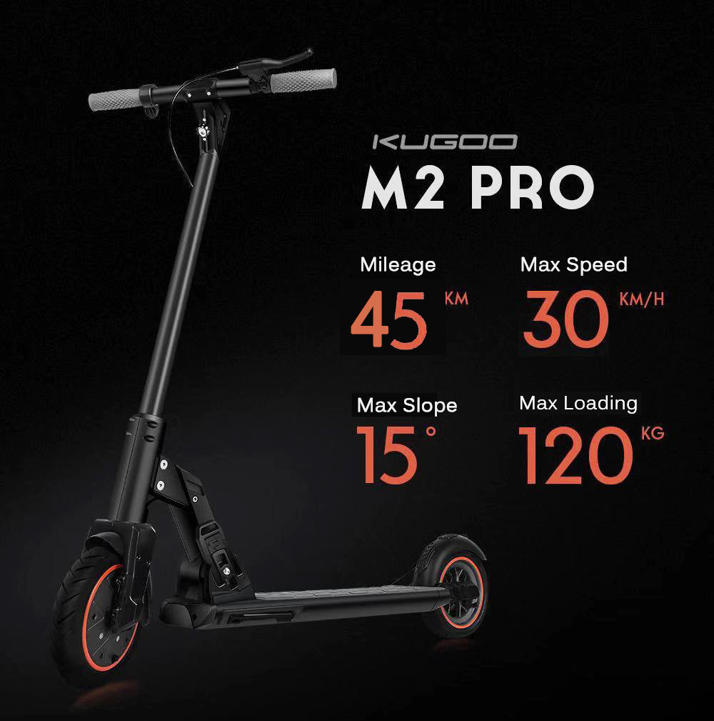 Elektromobilná kolobežka KUGOO M2 Pro, 350W motor, 36V 10AH batéria, 8,5-palcové pneumatiky, maximálna rýchlosť 30 km/h, dojazd 45 km, mechanické kotúčové brzdy, dvojité odpruženie, LCD displej