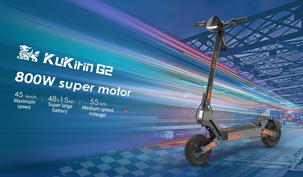 Sklapovací elektrický skúter Kukirin G2, 800W motor, 48V 15Ah batéria, 10-palcové pneumatiky, maximálna rýchlosť 45 km/h, dojazd 55 km, dotykový displej, predné a zadné kotúčové brzdy.