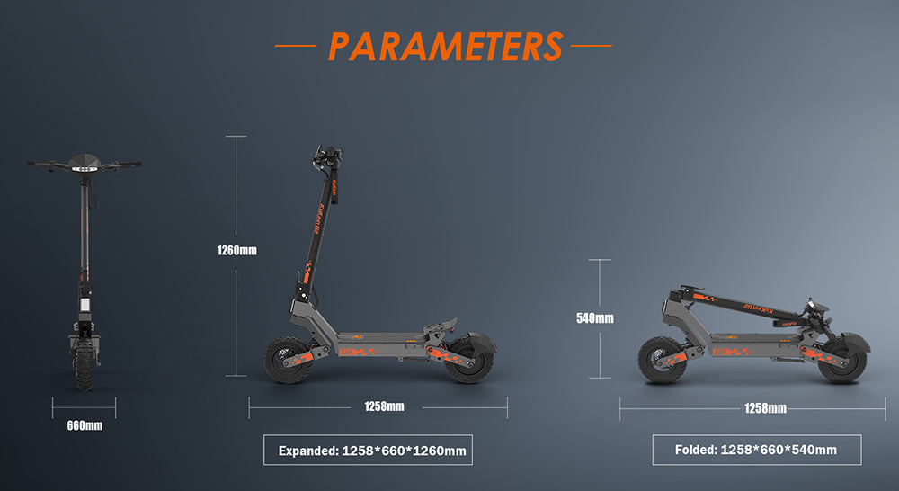 Sklapovací elektrický skúter Kukirin G2, 800W motor, 48V 15Ah batéria, 10-palcové pneumatiky, maximálna rýchlosť 45 km/h, dojazd 55 km, dotykový displej, predné a zadné kotúčové brzdy.