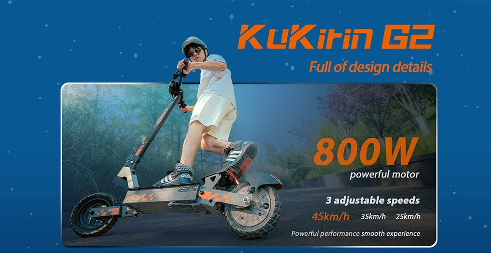 Sklapovací elektrický skúter Kukirin G2, 800W motor, 48V 15Ah batéria, 10-palcové pneumatiky, maximálna rýchlosť 45 km/h, dojazd 55 km, dotykový displej, predné a zadné kotúčové brzdy.