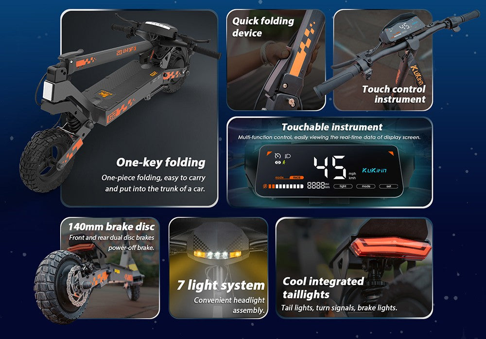 Sklapovací elektrický skúter Kukirin G2, 800W motor, 48V 15Ah batéria, 10-palcové pneumatiky, maximálna rýchlosť 45 km/h, dojazd 55 km, dotykový displej, predné a zadné kotúčové brzdy.