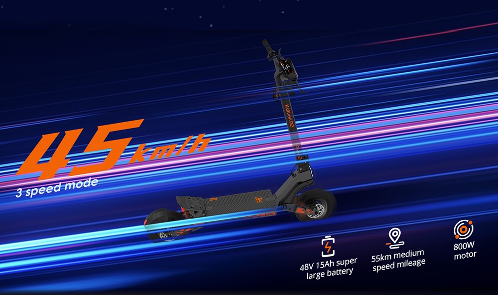 Sklapovací elektrický skúter Kukirin G2, 800W motor, 48V 15Ah batéria, 10-palcové pneumatiky, maximálna rýchlosť 45 km/h, dojazd 55 km, dotykový displej, predné a zadné kotúčové brzdy.