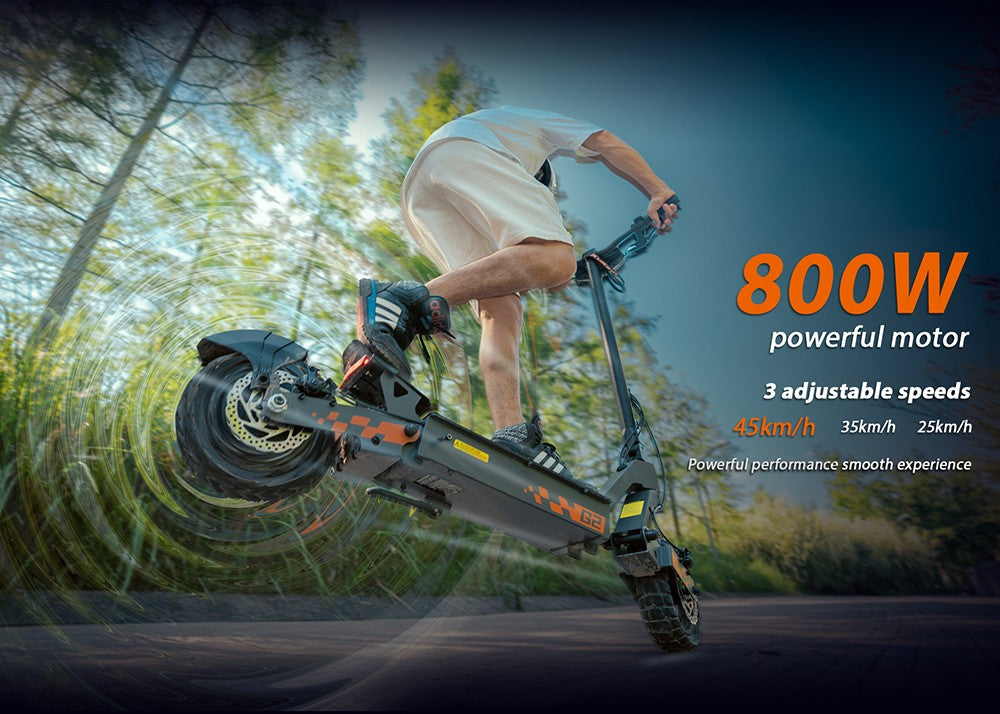 Sklapovací elektrický skúter Kukirin G2, 800W motor, 48V 15Ah batéria, 10-palcové pneumatiky, maximálna rýchlosť 45 km/h, dojazd 55 km, dotykový displej, predné a zadné kotúčové brzdy.