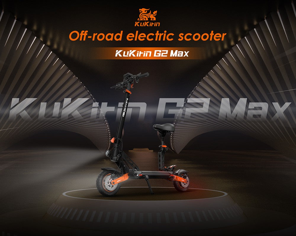 Elektrokolobežka KuKirin G2 Max, 10-palcové terénne pneumatiky, 1000W motor, maximálna rýchlosť 55 km/h, 48V 20Ah batéria, dojazd 80 km, maximálne zaťaženie 120 kg, odnímateľné sedadlo, nastaviteľná výška.
