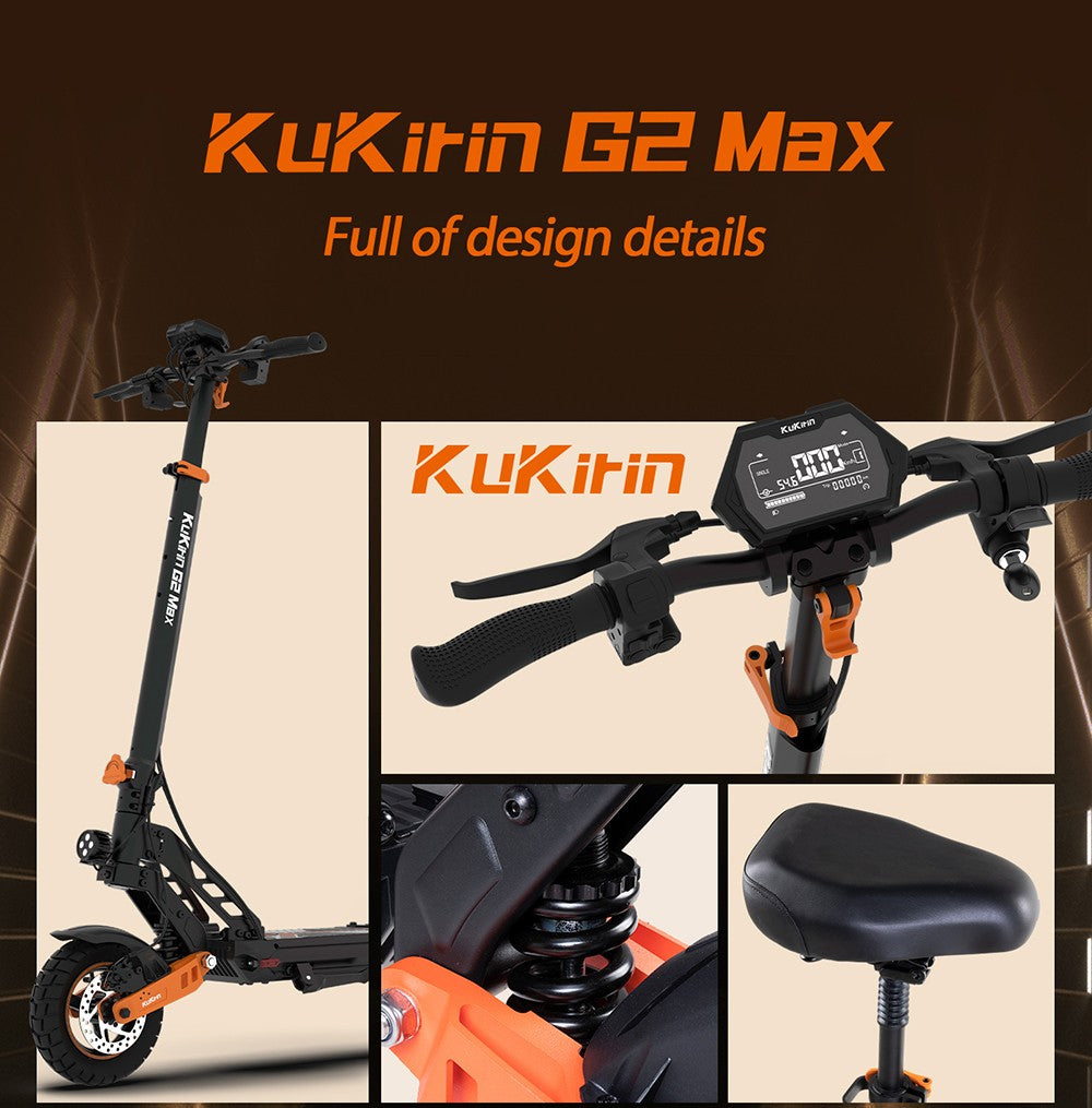 Elektrokolobežka KuKirin G2 Max, 10-palcové terénne pneumatiky, 1000W motor, maximálna rýchlosť 55 km/h, 48V 20Ah batéria, dojazd 80 km, maximálne zaťaženie 120 kg, odnímateľné sedadlo, nastaviteľná výška.