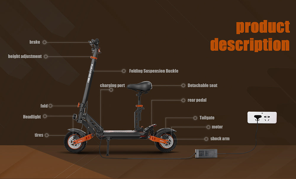 Elektrokolobežka KuKirin G2 Max, 10-palcové terénne pneumatiky, 1000W motor, maximálna rýchlosť 55 km/h, 48V 20Ah batéria, dojazd 80 km, maximálne zaťaženie 120 kg, odnímateľné sedadlo, nastaviteľná výška.