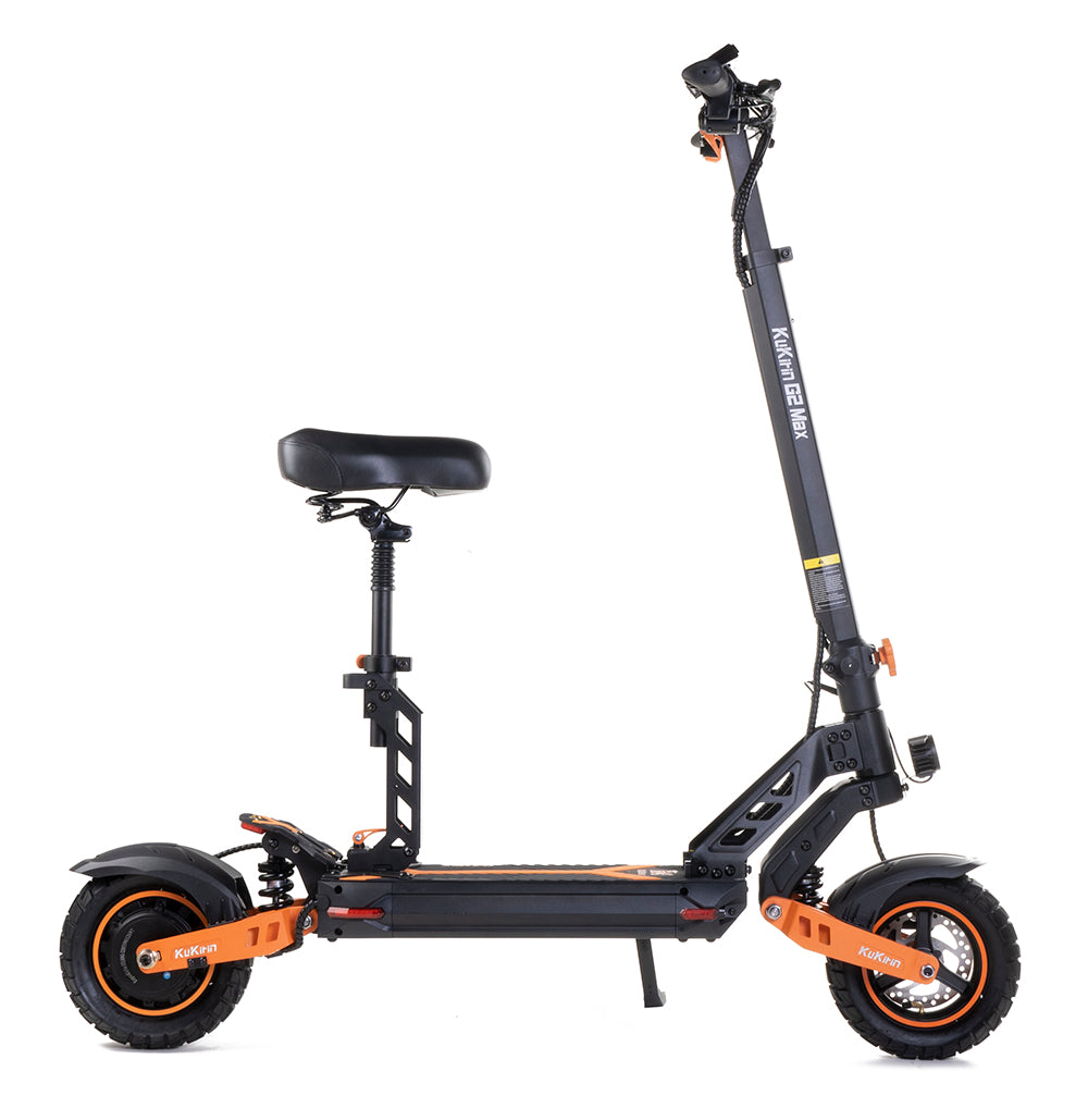 Elektrokolobežka KuKirin G2 Max, 10-palcové terénne pneumatiky, 1000W motor, maximálna rýchlosť 55 km/h, 48V 20Ah batéria, dojazd 80 km, maximálne zaťaženie 120 kg, odnímateľné sedadlo, nastaviteľná výška.