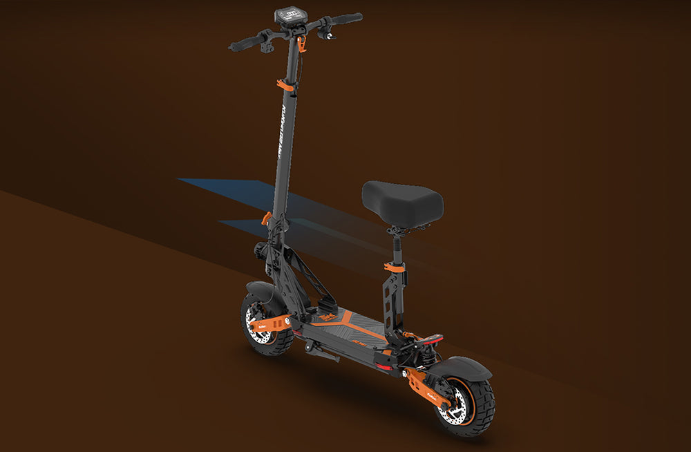 Elektrokolobežka KuKirin G2 Max, 10-palcové terénne pneumatiky, 1000W motor, maximálna rýchlosť 55 km/h, 48V 20Ah batéria, dojazd 80 km, maximálne zaťaženie 120 kg, odnímateľné sedadlo, nastaviteľná výška.